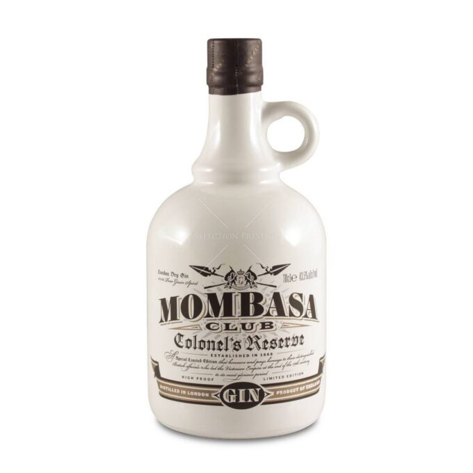Gin Mombasa Club Colonels Reserve 0,7l u boci bjele boje sa drškom za prst.