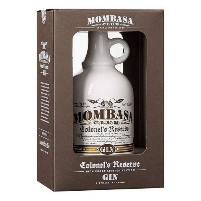 Mombasa Colonels Reserve Gin 0,7l u bijeloj boci sa ručkom za prst u originalnom pakiranju smeđe boje.