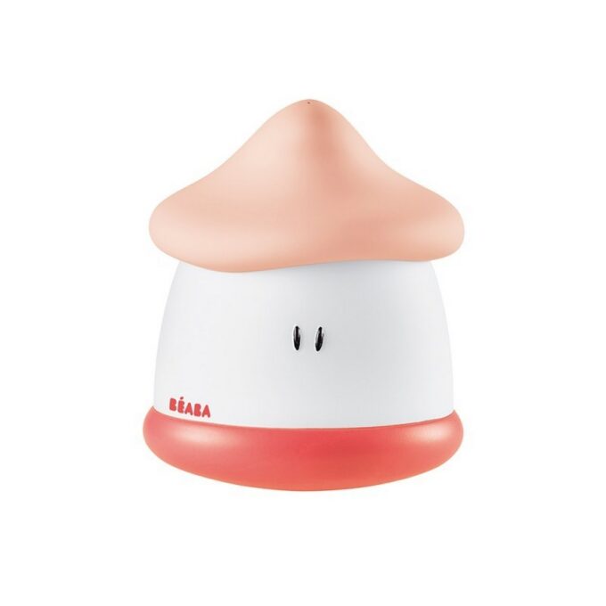 Svjetiljka je bijelo roze boje,ima nacrtane crne oči i kapicu u obliku gljive.