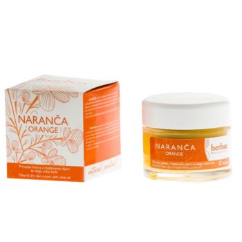 Kutijica od kreme sa narančom je bijele boje sa narančastim amblemom ljekovitih biljaka i narančasta slova sa nazivom proizvoda (naranča). Te staklena boćica sa etiketom proizvoda u kojoj se vidi sadržaj tj.krema od naranče.