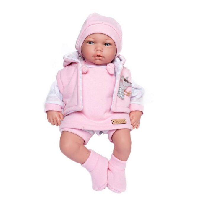 Bebino tijelo je mekano dok su joj nogice, rukice i glava napravljeni od vinila.Obučena je u baby rozi komplet koji se sastoji od hlačica, majice, čarapica, kape i jaknice s kapuljačom.