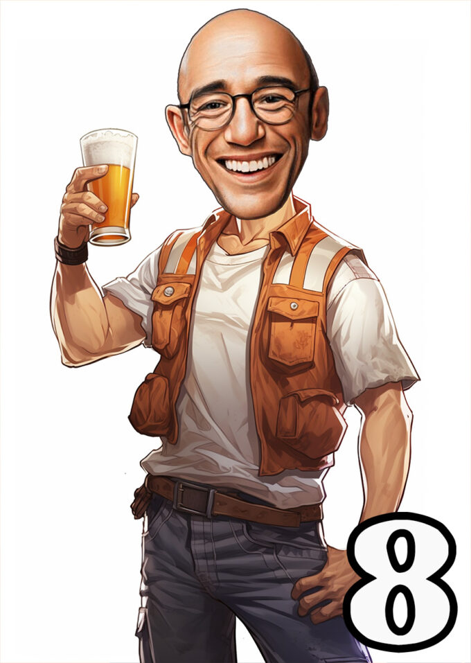 Karikatura muškarac sa čašom piva u ruci.